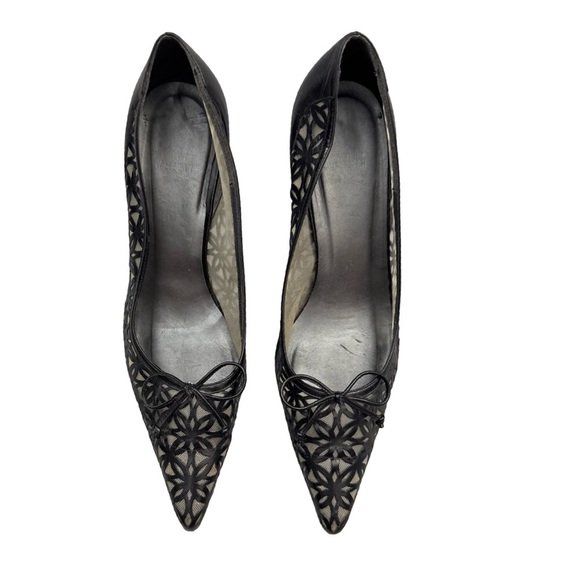 Vintage Stuart Weitzman Black Leather Mesh Kitten Heels Size 9.5 Bow Detail - Picture 3 of 14